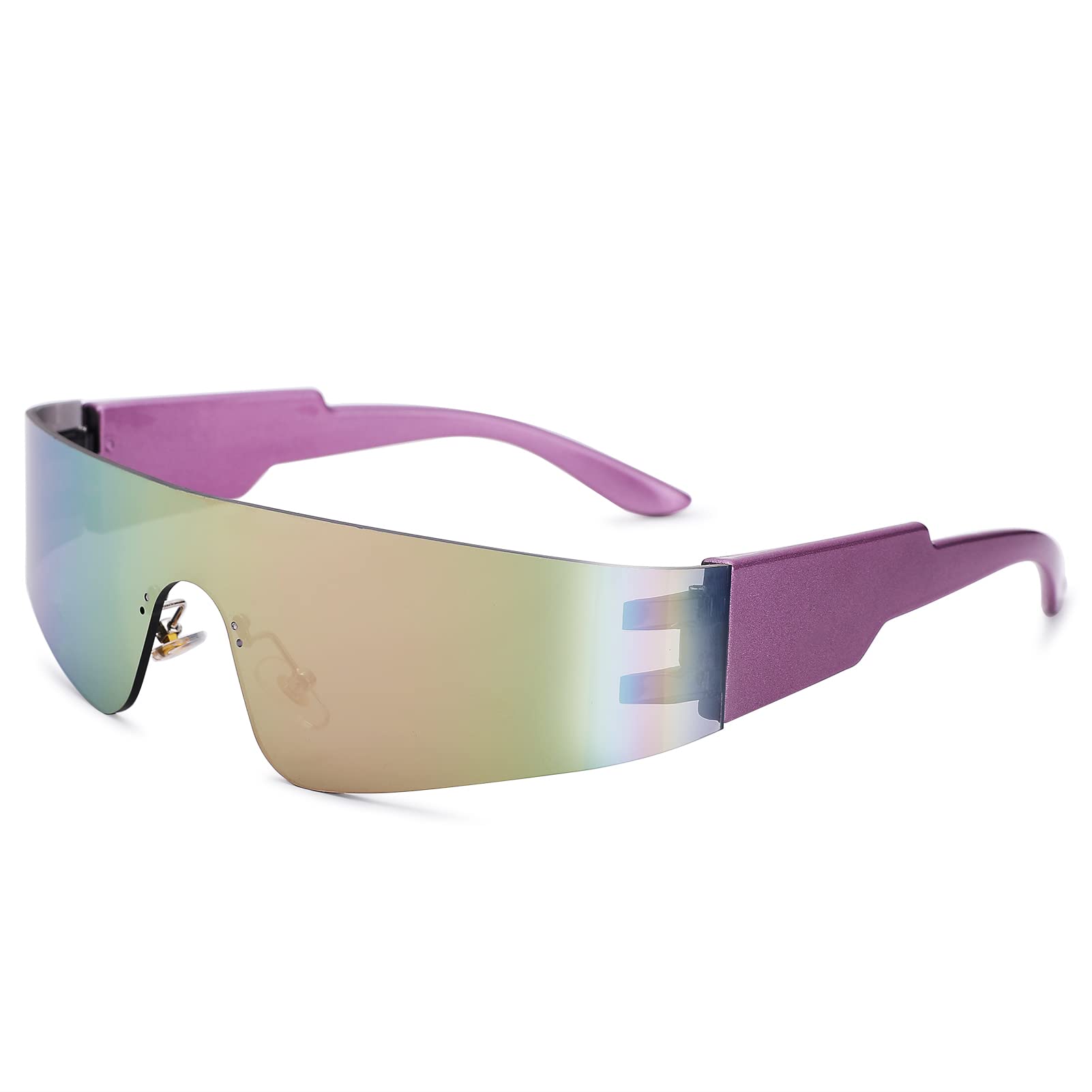 Photo 1 of COASION Wrap Around Sunglasses for Women Men Trendy Rimless Futuristic Shades Y2k Shield Flat Top Fashion Eyeglasses (Purple/Pink Mirrored)