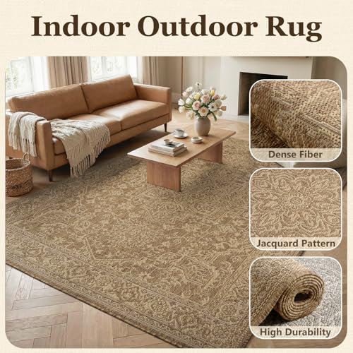 Outdoor Rug-Patio Rug Polypropylene Indoor Outdoor Carpet 7.9x10ft Porch Balcony Carpets Garden Deck Mat Easy Clean Non Slip Light Weight Vintage Outdoor Area Rug Retro Brown