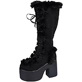 Women’s Platform Knee High Boots Faux Fur Lace Up Side Zipper Chunky Heel Punk Goth Winter Warm Mid Calf Boots