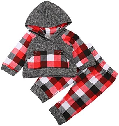 Baby Boy Girl 2pcs Christmas Suit Hoodies Deer Print Long Sleeve Top+Plaid Pants (0-6months, Gery+Plaid)