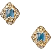 epicAqua Blue Topaz Stud Earrings for Women, 925 Sterling Silver with 14K Gold Plating, Retro Lace Diamond-Shaped Design, Small & Elegant Jewelry Gift
