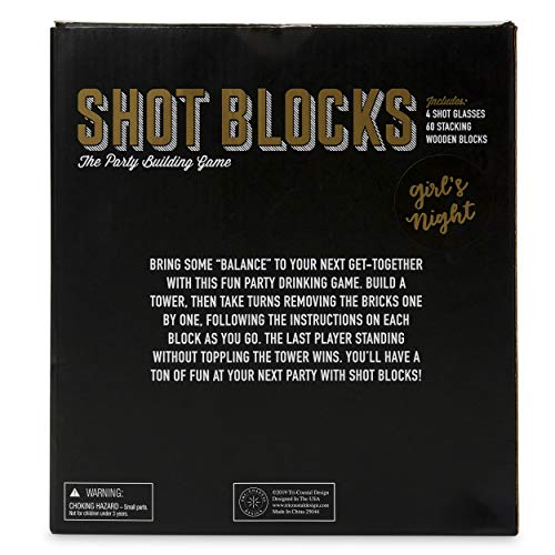 Tri-Coastal Design Shot Blocks Party Building Game with 60 Tower Playing Pieces and 4 Custom Shot Glasses with Funny Sayings for Cocktail Parties and Game Nights