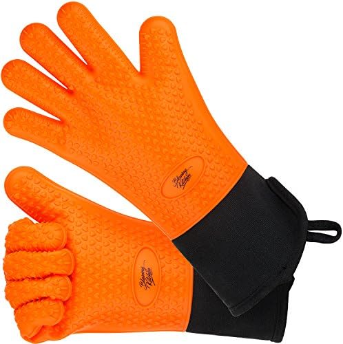 Silicone Oven Gloves - Great Heat Resistant Mitts Extra Long with Internal Cotton Lining for Cooking, Pot Holder, Grilling, BBQ, Baking And Smoking - Orange