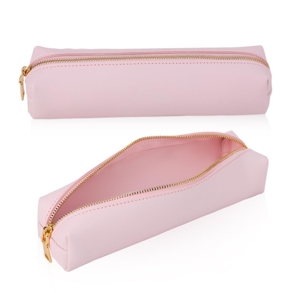 Oyachic Pencil Case PU Leather Cosmetic Makeup Bag Work Small Pen Pouch Zipper Storage Box Adults Desk Organizer Pens,Pencils,Markers (Pink)