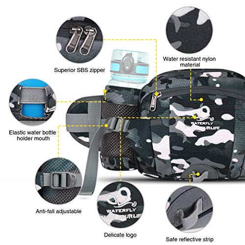 WATERFLY Fanny Pack with Water Bottle Holder Hiking Waist Packs for