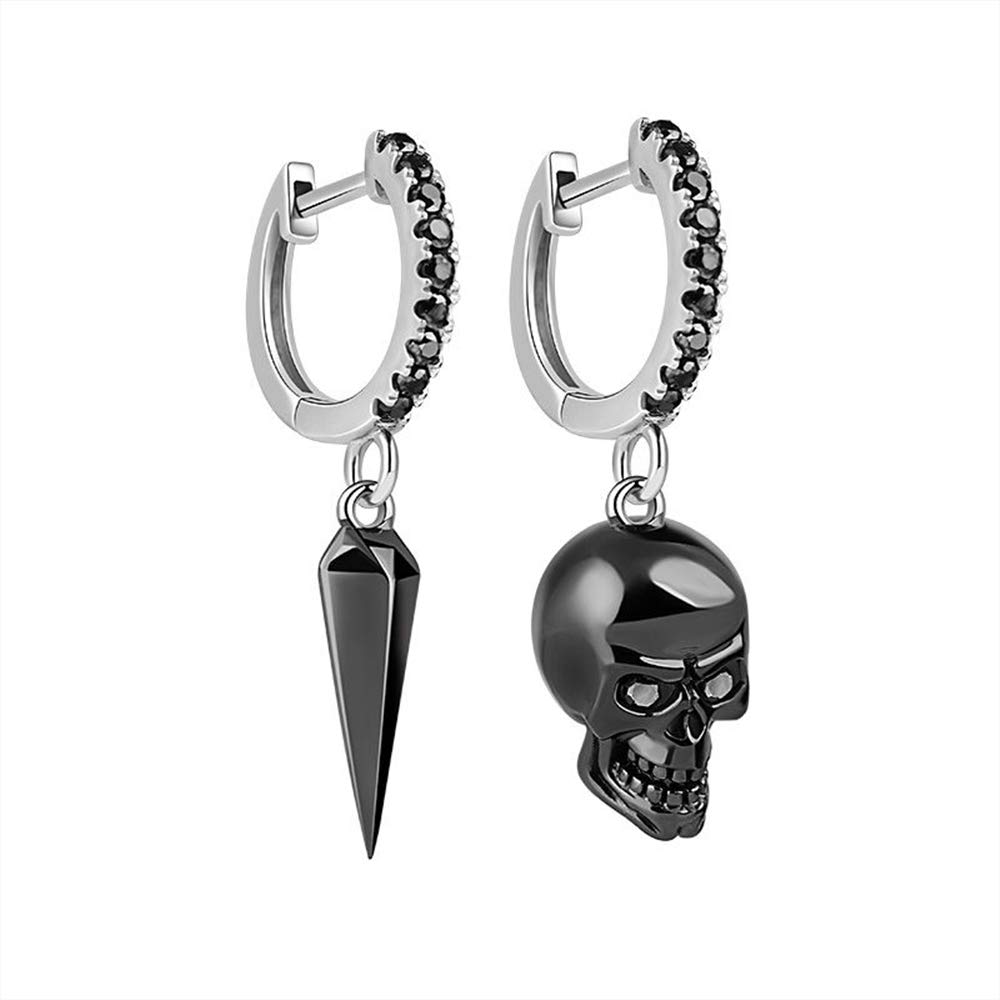 Gnoce Skull and Awl Earring Set Sterling Silver Black Plated "Skull Love" Dangle Earrings with Black Cubic Zirconia Fashion Drop Earrings Jewelry Gift for Women Men
