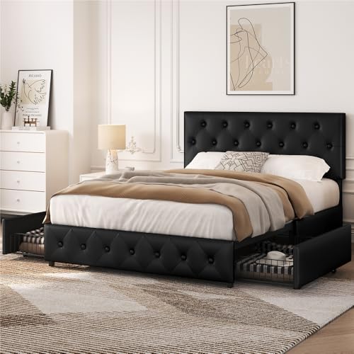 Yaheetech Bed Frame with Upholstered Headboard, Adjustable Height 140 x 200 cm, Beds Chests with Drawers, Slatted Base Double Metal Legs