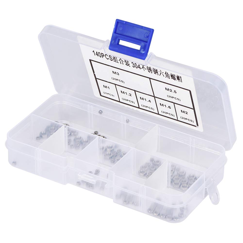 Nut Assortment Set, 140pcs M1/M1.2/M1.4/M1.6/M2/M2.5/M3 Hex Nut Thread Stainless Steel Hex Hexagonal Nuts Hexagonal Nut