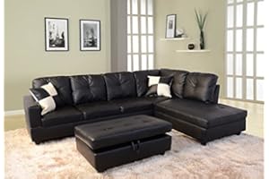 Beverly Fine Furniture Right Facing Russes Sectional Sofa Set With Ottoman, Black
