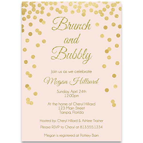 Bridal Shower Invitations, Pink and Gold, Confetti, Glitter, Blush, Wedding Shower, Champagne Brunch, Personalized, Set of 10 Custom Printed Invites with Envelopes, Brunch & Bubbly, Pink, Vertical