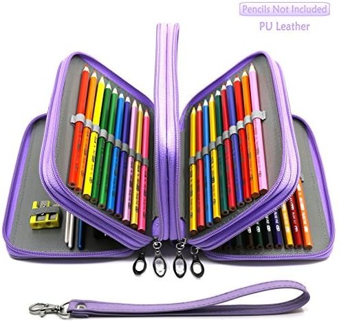 72 Slots Pencil Case - PU Leather Handy Multi-Layer Large Zipper Pen Bag with Handle Strap for Colored/Watercolor Pencil