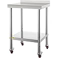VEVOR Stainless Steel Prep Table, 24 x 24 x 35 Inch, 440lbs Load Capacity Heavy Duty Metal Worktable with Backsplash Adjustable Undershelf & 4 Casters, Commercial Workstation for Kitchen Restaurant