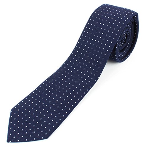 Men's Cotton Skinny Necktie Tie Dark Color White Polka Dot Pattern - Navy