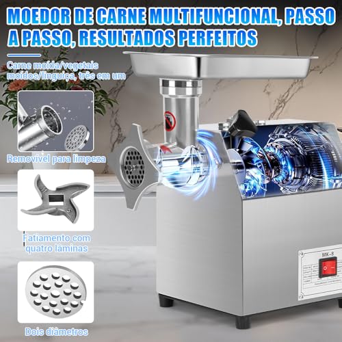 Moedor de Carne Elétrico 110V 500W Aço Inoxidável - Moer Carne, Vegetais e Fazer Linguiças