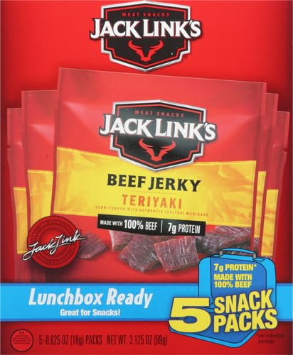 JACK LINK’S TERIYAKI BEEF JERKY MULTIPACK – (5 PACK) 0.625 OZ BAGS – READY TO EAT REAL MEAT PROTEIN SNACKS – 7G PROTEIN PER SERVING – MADE WITH 100% REAL BEEF