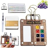 Mini Watercolor Travel Paint Set, Mini Paint Palette Travel Kit Set with Picture Book, Pocket Artist Water Color Travel Set with Colours, Binder Clips, Watercolor Pens, Wooden Paint Box for Painters Artists Students ﻿ (8 Grids)