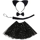 Townus Halloween Costume Dress Up with Cat Headband + Tie + Tail + Tutu Dress Outfit for WomenGirls Halloween Christmas Cosplay Costume Role Play Stage Performance, Black, One Size