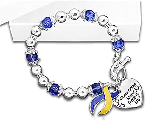 Where there is Love There is Life Blue and &amp; Yellow Ribbon Bracelet Support Awareness Down Downs Syndrome Brand New in Gift Box