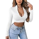 Artfish Women's Long Sleeve Quarter Zip Crop Tops Fleece Lined V Neck Fitted Sexy Cropped Shirts