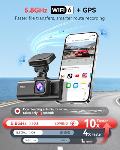 REDTIGER F7N Dash Cam 4K Front and Rear 1080P, 5.8GHz WiFi-20 MB/s Fast Transfer, 2160P/FHD Car Dash Camera with 64GB Card, 3.18" Screen, Smart App Control, Precise GPS, Night Vision, 24H Parking Mode
