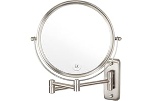Wall Mounted Makeup Mirror, 1X/5X Magnifying Mirror Double Sided, 8 Inch Extendable Bathroom Mirror for Shaving, Nickel ALHAK