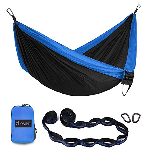OKWINT Double Camping Hammock Garden Hammock Nylon Portable Hammock, Heavy-Duty 500lbs Parachute Hammock for Backpacking, Camping, Travel and Beach (Dark Blue & Gray, Double)
