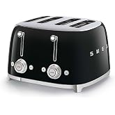 SMEG 4 Slice Toaster TSF03, Retro Stainless Steel Toaster with Wide Slots for Bagels, 6 Browning Levels, Defrost Reheat Bagel Functions, Dual Controls, Crumb Trays, 1800W - Black - TSF03BLUS