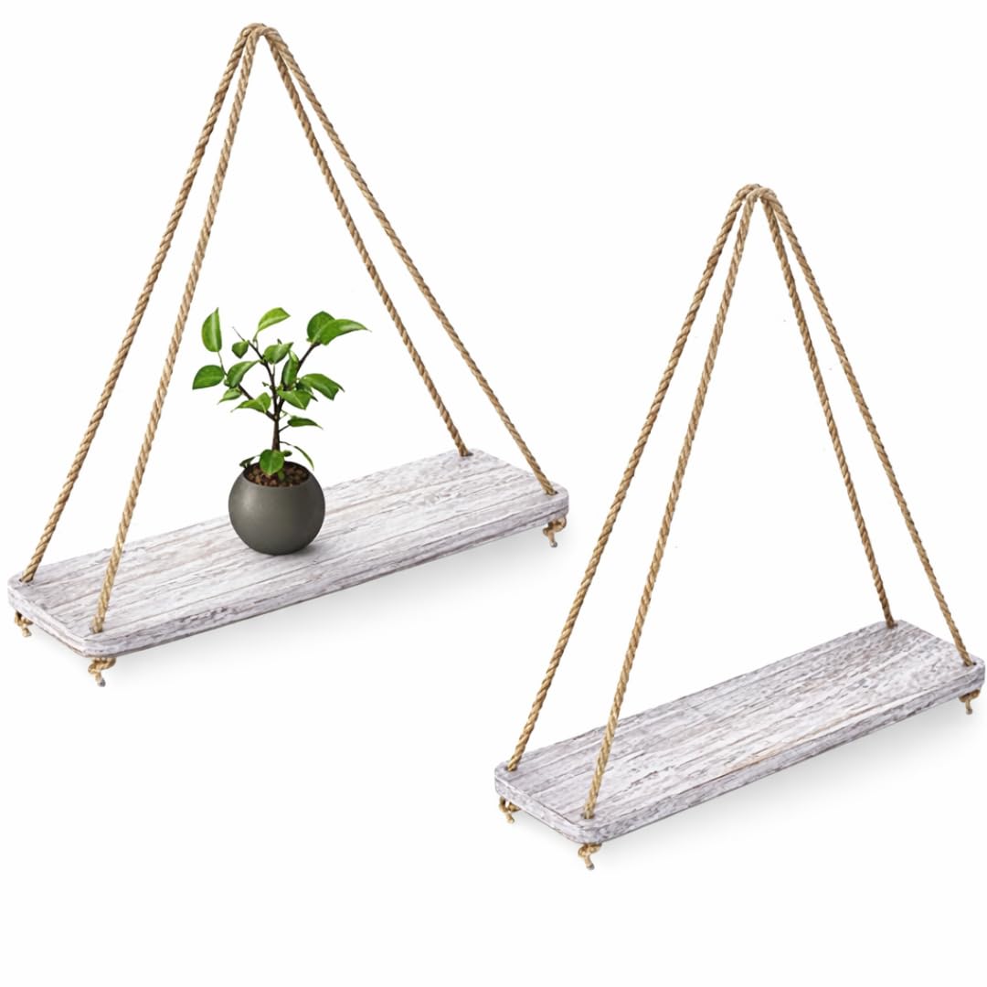 Comfify Rustic Set of 2 Wooden Floating Shelves with String – Farmhouse Hanging Shelves for Living Room Wall – Small Kitchen Shelves with Rope – 17”x5.2” – Distressed, Rustic White Color