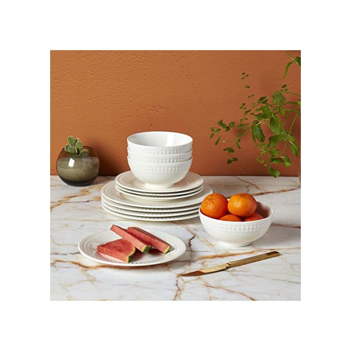 Tabletops Gallery Embossed Bone White Porcelain Round Dinnerware