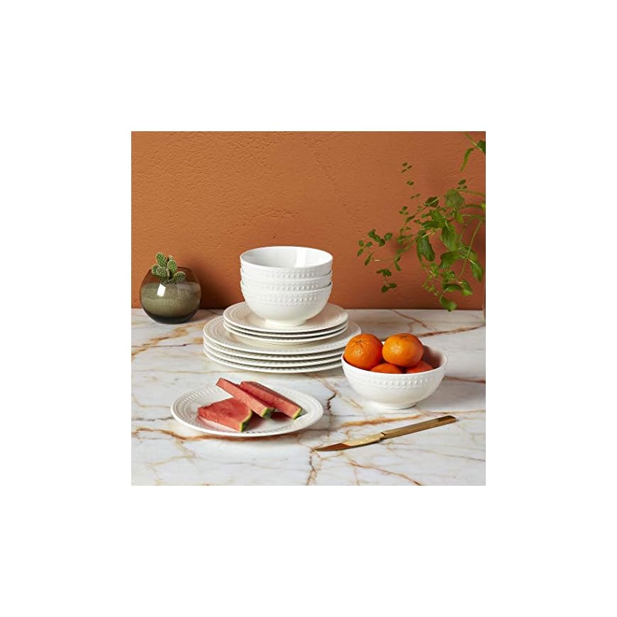 Tabletops Gallery Embossed Bone White Porcelain Round Dinnerware