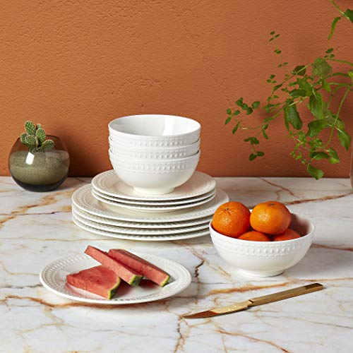 Tabletops Gallery Embossed Bone White Porcelain Round Dinnerware