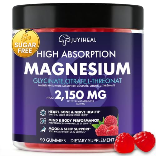 JUYIHEAL 2150MG Magnesium Glycinate Gummies, 90 Count High Absorption Magnesium Complex Gummies with Magnesium Glycinate, Citrate, L-Threonate for Adults & Kids, Sugar Free, Vegan, Raspberry Flavor