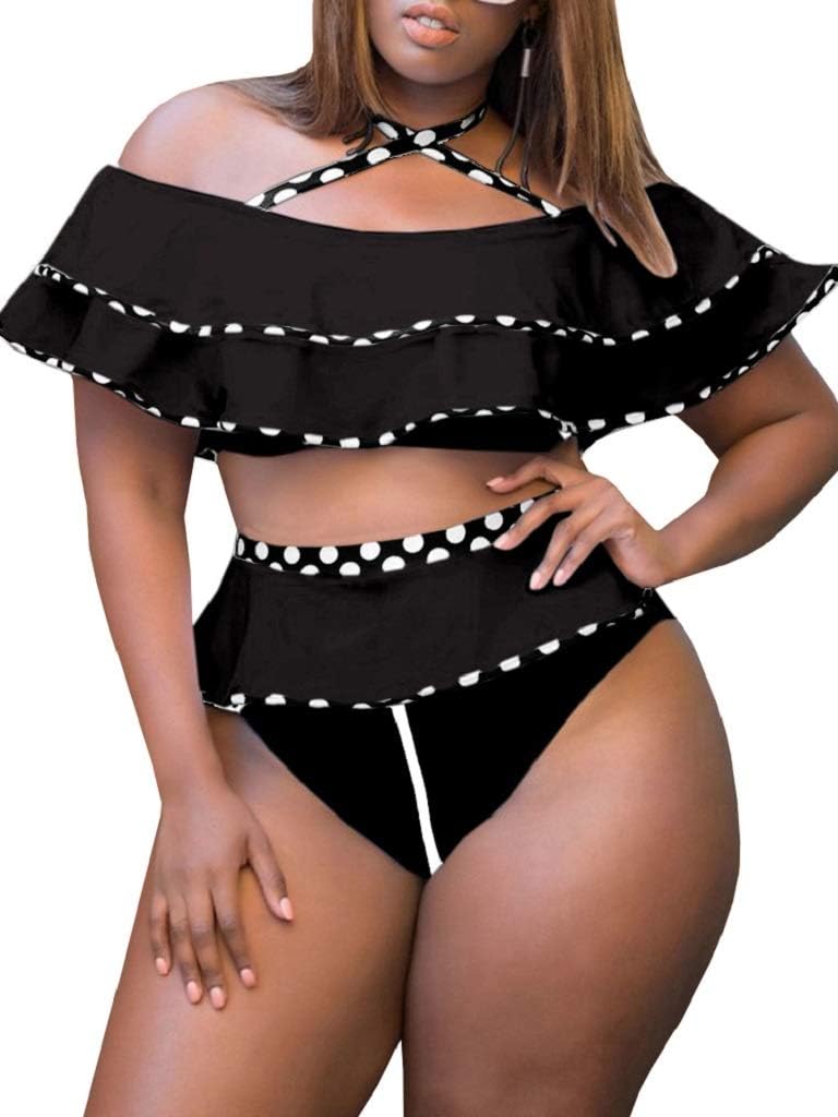 Modershe Womens Plus Size Off Shoulder Swimsuit Two Piece Ruffled High Waist Push Up Bikini