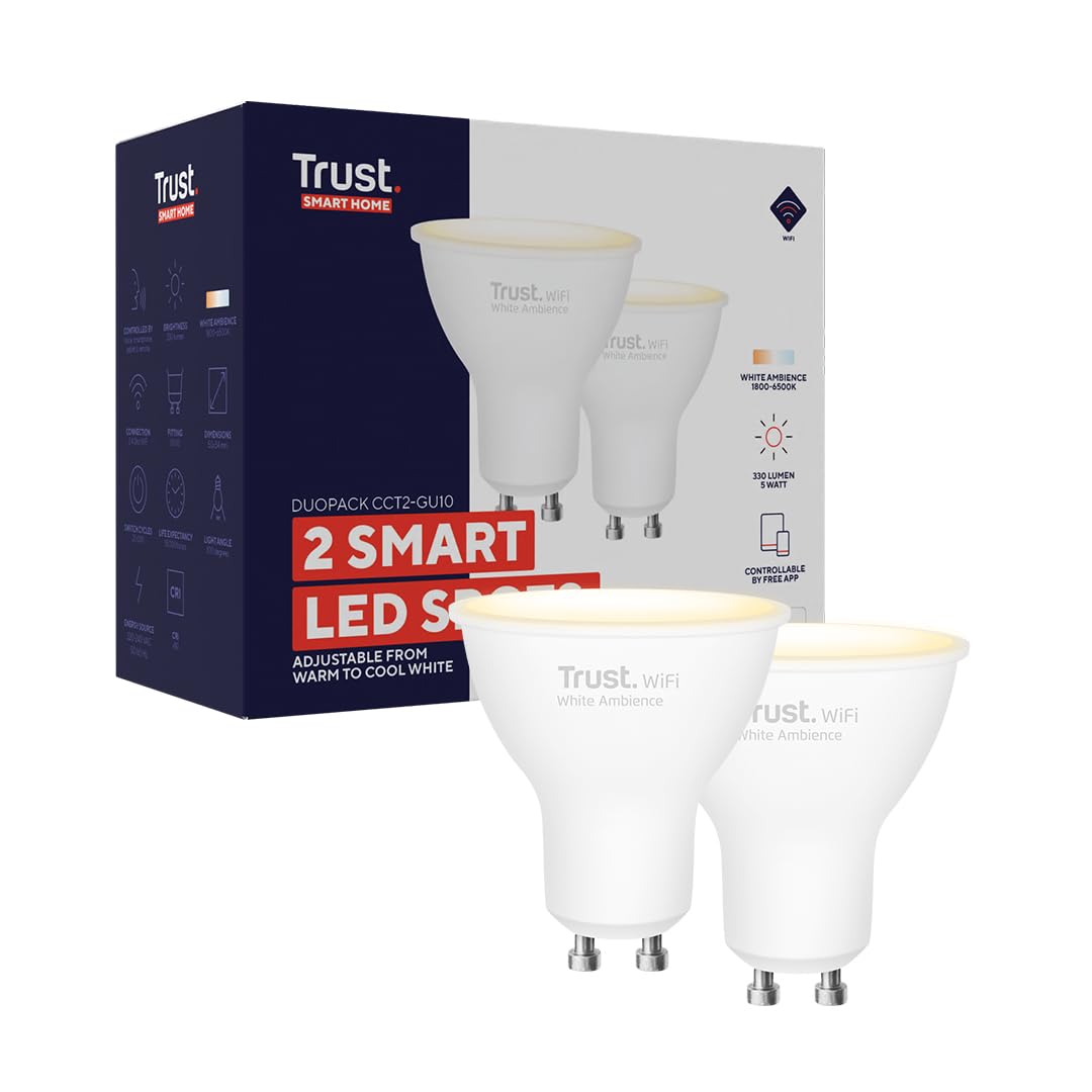 Trust WiFi GU10 Smart Bulb, Dimmable Spot, Works with Alexa and Google Home, No Hub, 2.4GHz WiFi Bulb, Warm to Cool Smart Light Bulb, LED Spotlight Bulb, White Ambience [Amazon Exclusive] - 2 Pack