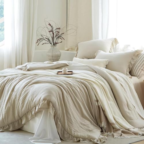 Freyamy Mädchen Bettwäsche 220x240 Beige Unifarben Rüschen Bettwäsche Set