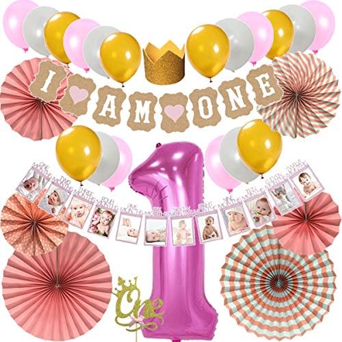 First Birthday Decoration Set for Girl 1st Baby Shower Party Décor Supply Kit - 40" Number '1' Foil Balloon, I AM ONE Banner, Cake Topper, Crown Hat, Latex Balloon, 16" 12" 8" Paper Fan, Photo Garland