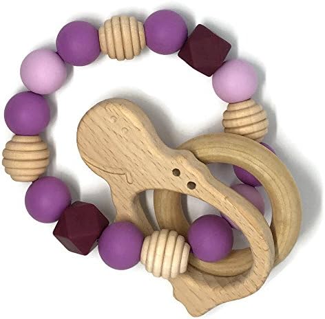 Wooden Ring Rattle with Silicone Chew Beads (Hippo)