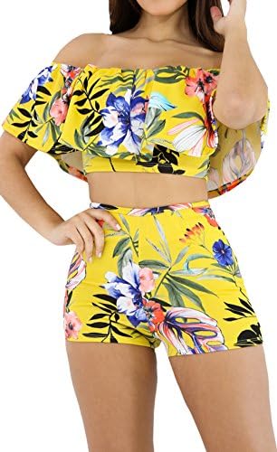 Everkaki Womens Summer Casual Off The Shoulder Romper Crop Tops Shorts Set Bodycon Bodysuit Yellow