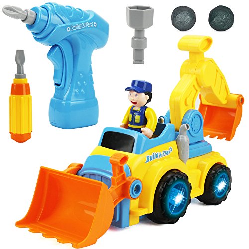 Tractor Trailer - iPlay, iLearn Farm Vehicle Take Apart Front Loader Tractor Cement Mixer Tractor Backhoe Toy Excavator Toy Dump Truck Digger Toy Crane Boys toys, Construction Vehicles 5 in 1