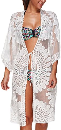 Aboutwome Women Beach Cover Up Swimsuit Floral Cardigan Beachwear Oversized Bathing Suit Swimwear (US L/XL,White)