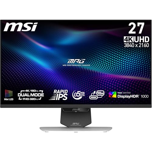 MSI MPG 274URDFW E16M 27-Inch 4K UHD Gaming Monitor, 3840x2160 Rapid IPS, 0.5ms, DisplayHDR 1000, Mini-LED, Dual-Mode, HDMI 2.1, DP 1.4a, USB C (98WPD), Tilt/Height Adjustable, White