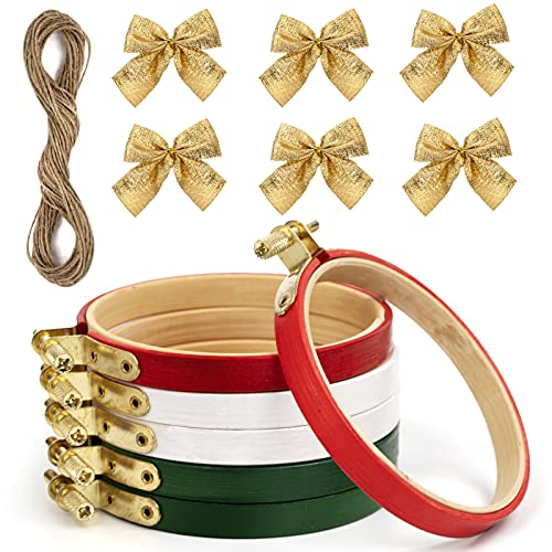 Caydo 13 Pieces Christmas Ornament Kit, Including 6 Pieces 3 inch Embroidery Hoop, Bows and Twine for DIY Craft Christmas Decoration
