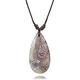 ZILENIU Mexican Agate Necklace, Natural Agat Teardrop Gemstone Pendant Necklace for Women, Adjustable Leather Cord Necklace 14-26 Inch