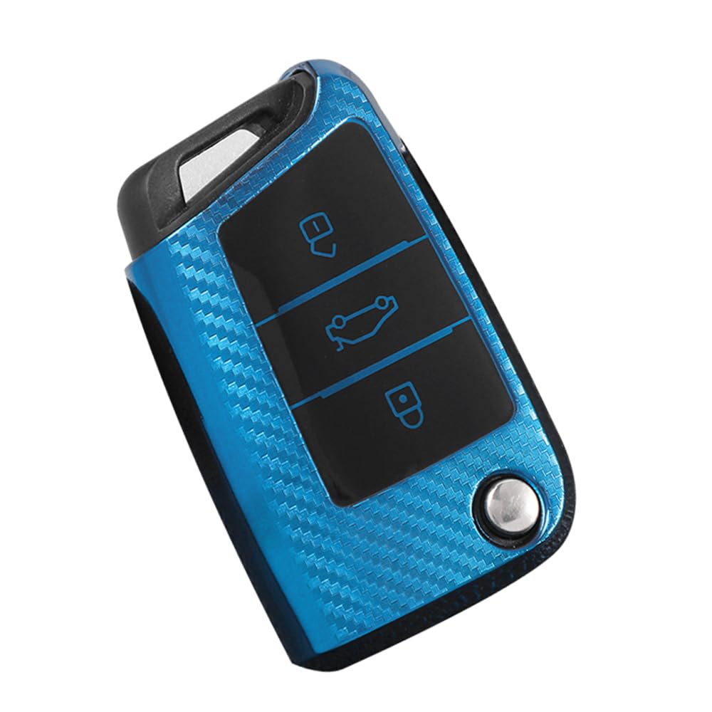 KUNIO Flip Key Fob Cover fit for VW Golf 7 MK7 Polo T-ROC Tiguan fit for Skoda Superb Octavia fit for Seat Cupra Ateca Leon Ibiza Car Key Cover Key Bag TPU Key Cover Case 3 Buttons Blue