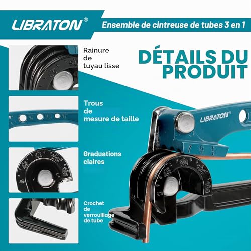 LIBRATON Pipe Bending Machine, Copper Pipe Bender, 180 Degree Bending Tool, 3 in 1 Manual Bending Machine 1/4", 5/16", 3/8", with Tube Cutter, Deburring Tool, for Brass, Aluminum Tube