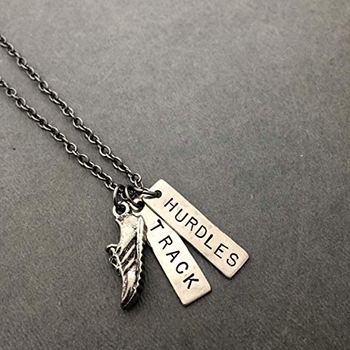 RUN TRACK HURDLES Necklace - Pewter Running Shoe Charm and 2 Hand Hammered Nickel Silver Pendants Hand Stamped with TRACK and HURDLES on 18 inch Gunmetal Chain