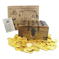 Wooden Pirate Treasure Chest 8 x 6 x 4.25 with 144 Plastic Coins Authentic Paper Pirate Commission Real World Brown Nautical Paper Map by Well Pack Box