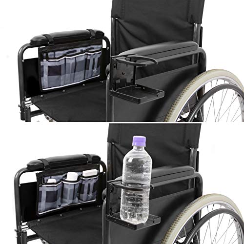 Wheelchair Side Bag with Large Cup Holder - Arm Rest Pouch and Drink CupHolder - Wheel Chair Accessories Organizers and Water Bottle Holder Fits Walkers, Rollators for Seniors and Handicap (Grey)