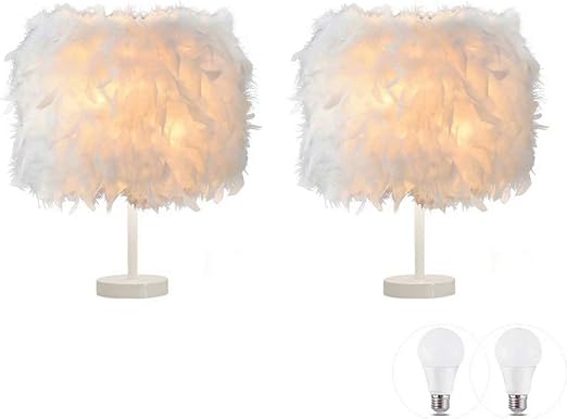 paquete de 2 lamparas de mesa de plumas lampara de mesilla de noche lampara de mesilla de noche base blanca con bombilla de 3 w para sala de estar