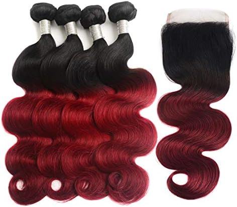 IMAYLI Brazilian Ombre Body Wave Hair with Closure 7A Ombre Body Wave Human Hair Weave Dark Red 1B 99j Burgundy Virgin Human Hair Extensions(16161616+14)